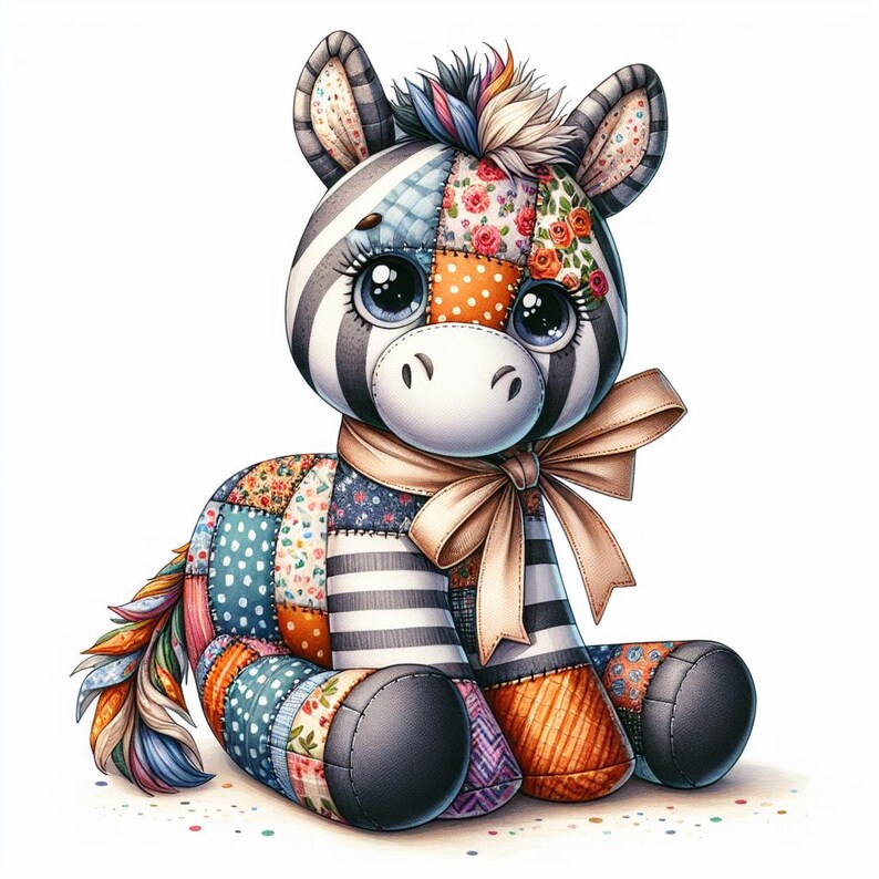 Op de afbeelding: Een grillige knuffelzebra met een patchwork-ontwerp. De zebra heeft een mix van bloemen-, stippen- en streepjespatronen in verschillende kleuren. Het heeft grote, expressieve ogen, een beige strik en een kleurrijke manen en staart.