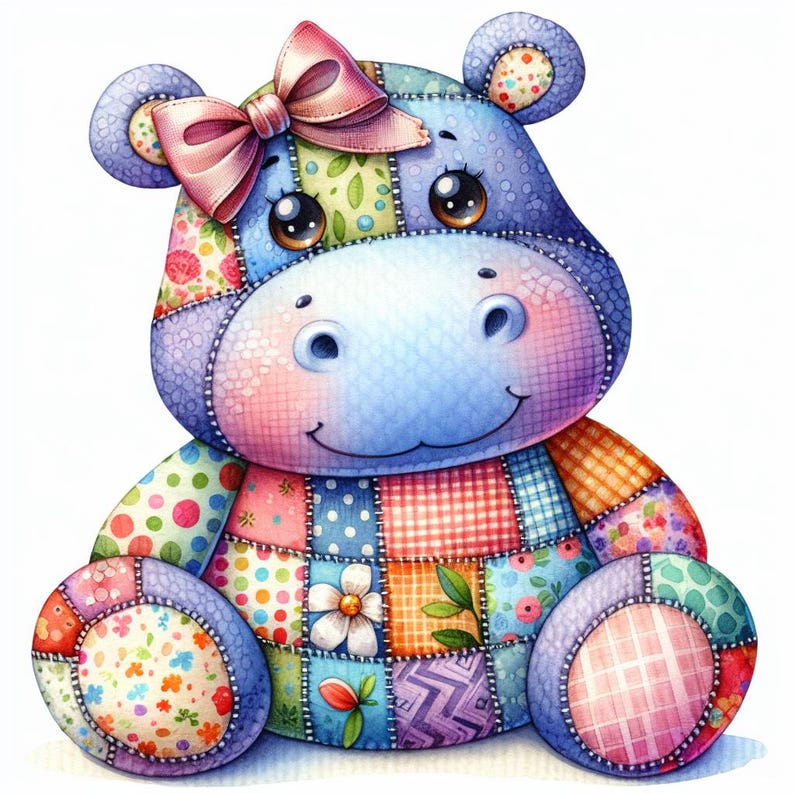 Op de afbeelding: Een kleurrijk patchwork nijlpaard knuffel met een roze strik. Het nijlpaard heeft grote, expressieve ogen en een vriendelijke glimlach. Het patchwork ontwerp heeft verschillende bloemen- en stippatronen in diverse kleuren.