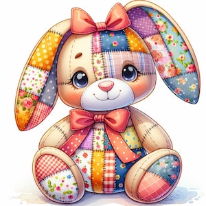 May include: A plush bunny toy with a patchwork design. The bunny features a variety of colorful fabric patches, including floral and polka dot patterns. It has large, expressive eyes, a pink nose, and a pink bow on its head and chest. The toy is sitting.