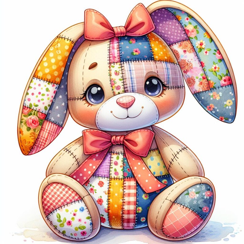 Op de afbeelding: Een pluchen konijn met een patchwork-ontwerp. Het konijn heeft een verscheidenheid aan kleurrijke stoffen patches, waaronder bloemen- en stippatronen. Het heeft grote, expressieve ogen, een roze neus en een roze strik op zijn hoofd en borst. Het speelgoed zit.