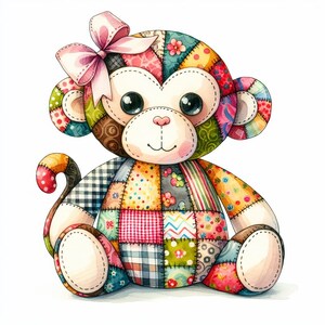 Op de afbeelding: Een kleurrijk patchwork aap knuffel met een roze strik. De aap heeft een verscheidenheid aan stoffen met patronen in tinten rood, geel, groen en blauw. Het speelgoed heeft grote, expressieve ogen en zit rechtop.