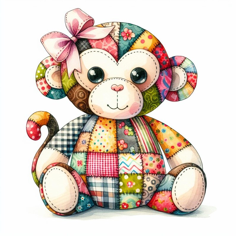 Op de afbeelding: Een kleurrijk patchwork aap knuffel met een roze strik. De aap heeft een verscheidenheid aan stoffen met patronen in tinten rood, geel, groen en blauw. Het speelgoed heeft grote, expressieve ogen en zit rechtop.
