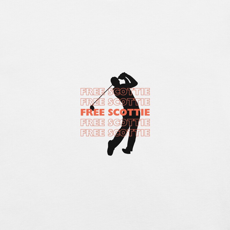 May include: Silhouette of a golfer swinging a club with the text "FREE SCOTTIE" repeated five times in a stacked, red, and white font.