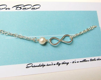 Perfect Birthday Gifts for BFF, Best Friends, Sisters, Cousins Sterling Silver Infinity and Pearl Charm Bracelet, custom order, Made in USA