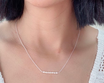 Mini white freshwater rice pearls straight line pendent light chain sterling silver necklace wearable simplicity design for everyday beauty