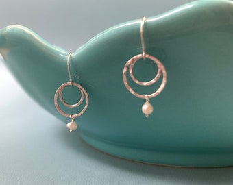 Delicate Small Sterling Silver Hammered Circles White Pearl Drop Earrings Double Happiness Life Circle made in USA bridesmaid jewelry