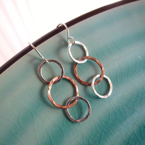 Three Circles Silver and Gold Two Tone Earrings, hammered and textured, customized image 2