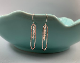 Sterling Silver Long Drop Hammered Earrings w/ Mini Rice Shaped White Freshwater Pearls, Nature Inspired Artistic designs