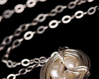 Bird Nest Sterling Silver Necklace, wire wrapping with white fresh water pearls in center, penny size