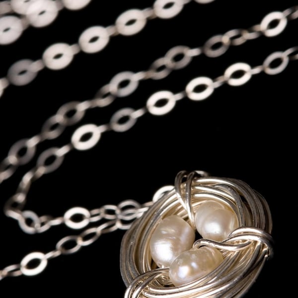 Bird Nest Sterling Silver Necklace, wire wrapping with white fresh water pearls in center, penny size