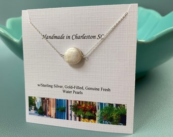 Single White Coin Shape freshwater pearl pendant Sterling Silver light chain necklace bridal birthday mother in law best friend gift