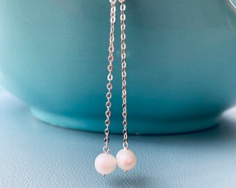 Sterling Silver Long Drop Light Chain Earrings w/ Single Round White Freshwater Pearls, custom order available Artistic designs