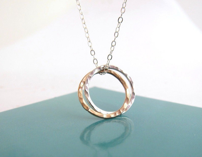 Silver and Gold Interlock Circles Mix Two Tone Hammered Pendant Necklace Simplicity Design for Everyday Fashion Work Gifts Birthday image 3