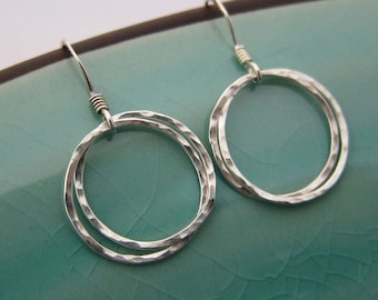 Cyber Monday DEALS Valentines Day Love Interlocked Double Circles Sterling Silver Earrings, hammered and textured, Custom order