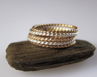 Cyber Monday Sales Chic Gold Silver Mixing Two Tone Stacking Ring Thin Three stackable Sterling Goldfilled Twisted Rope Wire Custom Sized