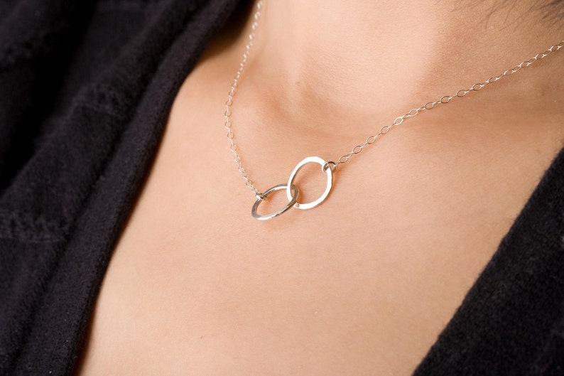 Two Cirlcles Love Locked Sterling Silver Pendant Charm Necklace, Tie the Knot Necklace, hammered, customized, love yoga jewelry, made in USA image 1