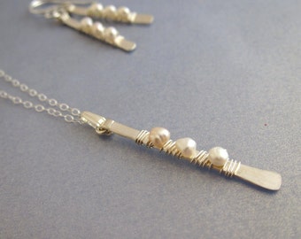 Vine of Pearl Sterling Silver Necklace and Earring Set, hammered, nature inspiration