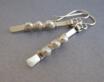 Vine of Pearl Sterling Silver Earrings, hammered, nature inspiration