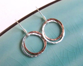 Love Circle Silver Copper Gold Two Tone Mixing Color Earrings, hammered, customized, Fall Fashion gift for her mother in law, made in USA