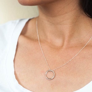 Silver and Gold Interlock Circles Mix Two Tone Hammered Pendant Necklace Simplicity Design for Everyday Fashion Work Gifts Birthday image 4