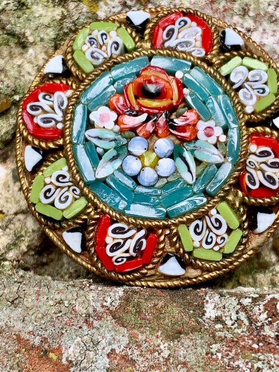 Broche Ancienne Micro Mosaïque Fleurs - Verre Et Plaqué Or - Vintage