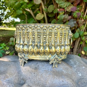 May include: A round brass planter featuring an ornate embossed vertical pattern along the exterior, two side handles shaped like lion heads with rings, and three feet designed in the shape of detailed leaves supporting the base.