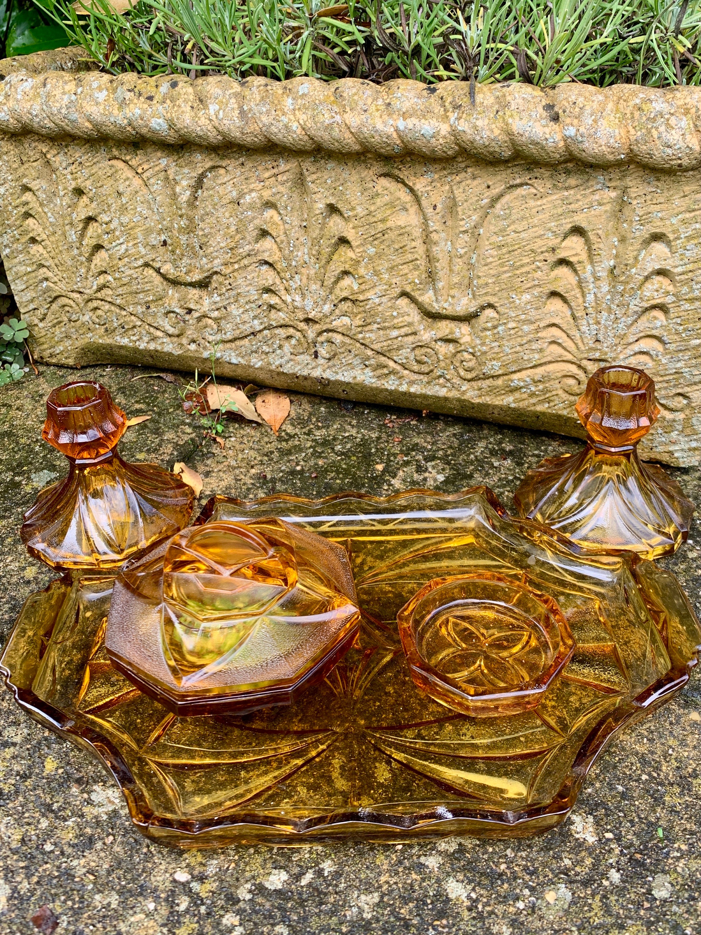 Amber Depression Glass Dressing Table Set Sherdley Glass England