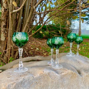 Pode incluir: Um conjunto de seis taças de vidro verde com hastes e bases transparentes. As taças verdes apresentam um desenho floral gravado. As taças são exibidas sobre uma grande rocha cinzenta ao ar livre.
