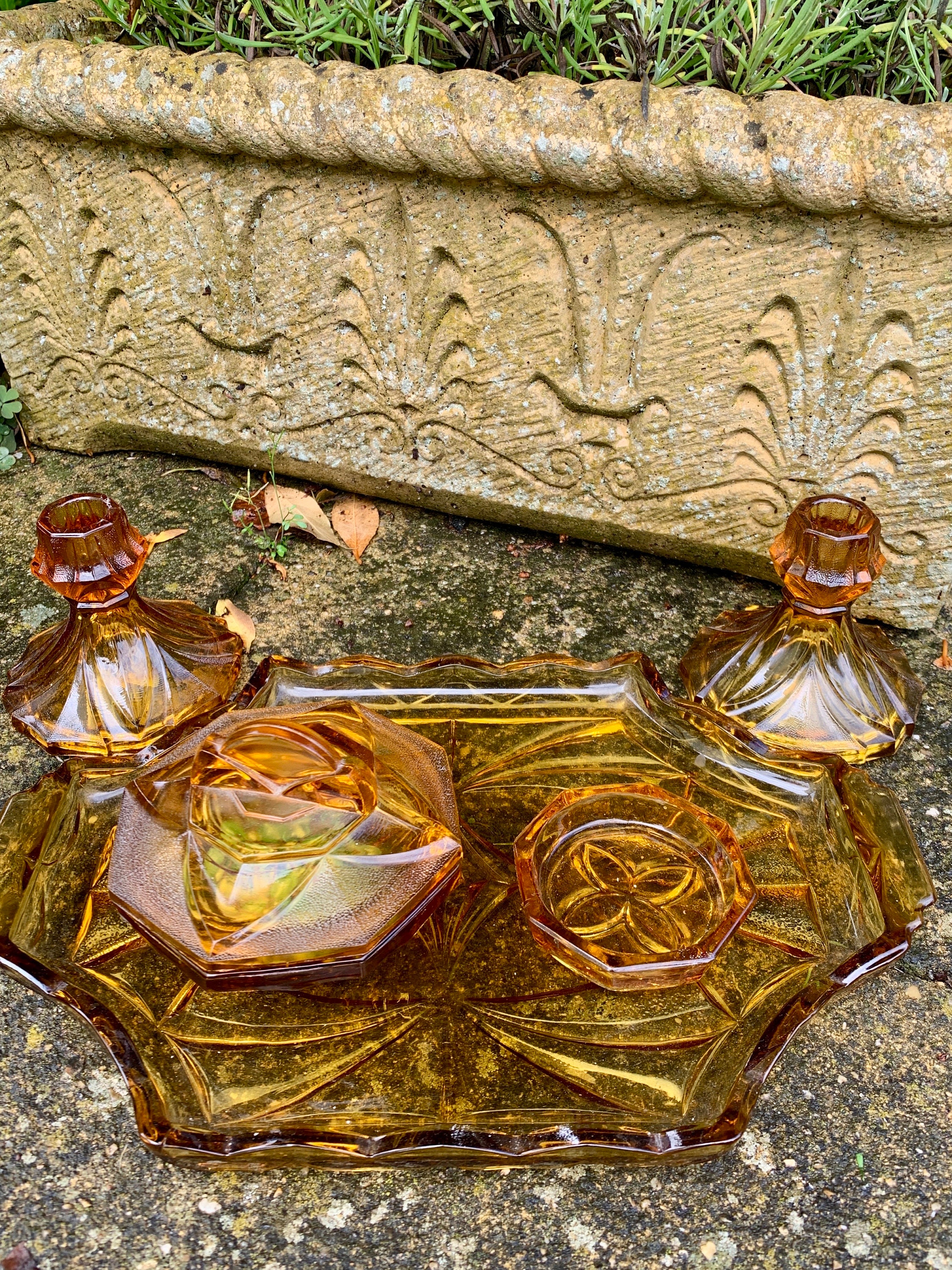 Amber Depression Glass Dressing Table Set Sherdley Glass England