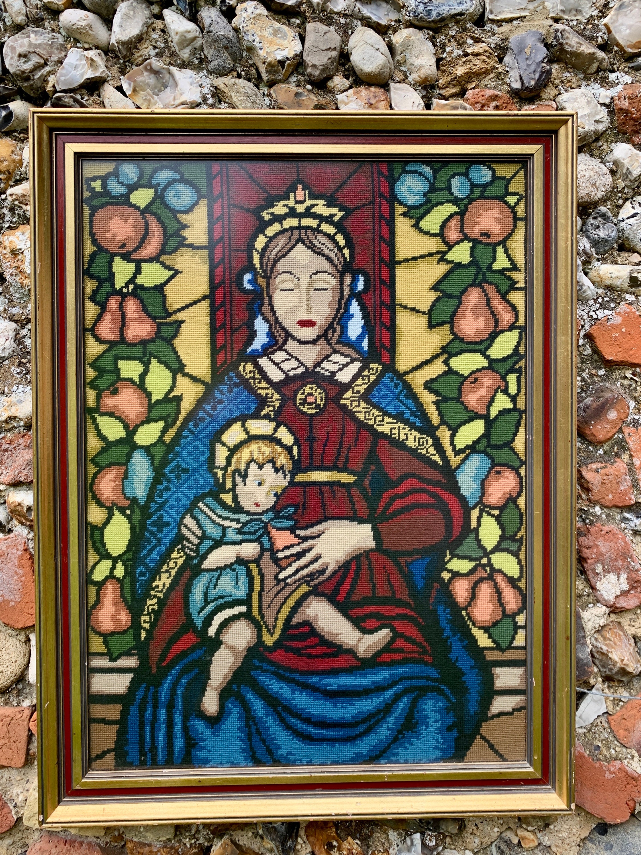 framed tapestry lady & child