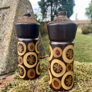 Könnte beinhalten: Ein Paar braune Salz- und Pfefferstreuer aus Keramik mit einem geometrischen Muster aus Kreisen und Blumen in Braun-, Gelb- und Orangetönen.