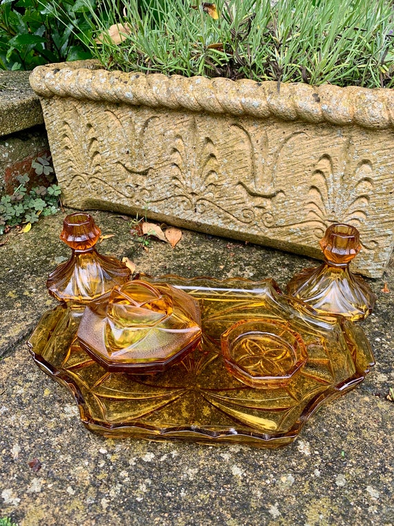Amber Depression Glass Dressing Table Set Sherdley Glass England