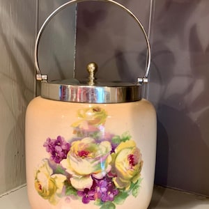 Antique English  Porcelain  Biscuit Barrel, Silver EPNS detailing & Porcelain interior Old English Roses Biscuit Jar