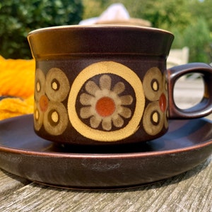 Denby MCM Arabesque teacups with saucers.