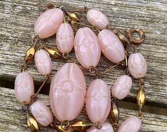 Art Deco Czech Glass Necklace: Pink Etched Graduated Beads