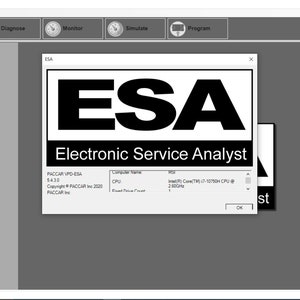 Könnte beinhalten: Ein Screenshot des Softwareprogramms Electronic Service Analyst (ESA). Das ESA-Logo wird in der Mitte des Fensters angezeigt. Die Softwareversion ist PACCAR VFD-ESA 5.4.3.0. Der Computername ist MST. Die CPU ist Intel(R) Core(TM) i7-10700K CPU @ 3.80GHz. Der Festplattenspeicher beträgt 1.80 TB.