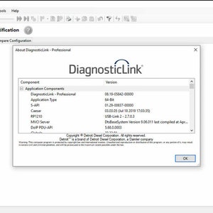 Könnte beinhalten: Ein Screenshot der Softwareanwendung DiagnosticLink-Professional, der das Fenster "Über DiagnosticLink-Professional" mit einer Liste von Komponenten und deren Versionen zeigt. Die Software wird zur Fehlersuche und Diagnose von Detroit Diesel-Motoren verwendet.