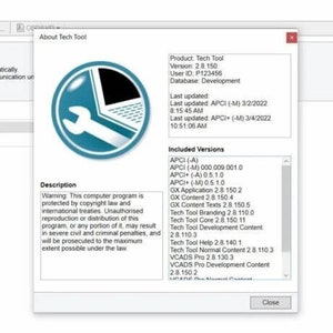 Könnte beinhalten: Ein Screenshot des Fensters "Über Tech Tool". Das Fenster zeigt den Produktnamen, die Version und die Benutzer-ID an. Ein kreisförmiges Logo mit einem Schraubenschlüssel und einem Laptop ist sichtbar. Die Beschreibung warnt vor unbefugter Vervielfältigung.