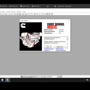 May include: A screenshot of a computer screen displaying the INSITE software program. The program is used to connect to and diagnose Cummins engines. The software is open to the "About INSITE" window, which shows the version number, copyright information, and a picture of a Cummins engine.