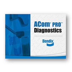 Op de afbeelding: Een witte brochure met een blauw-wit logo voor Bendix ACom PRO Diagnostics. De brochure heeft een witte achtergrond met een grijs ruitpatroon. De tekst "ACom PRO Diagnostics" is in zwart en het Bendix-logo is in blauw.