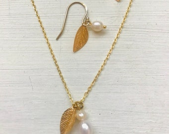 Gold leaf pearl necklace earring set, bridal special occasion for brides and bridesmaids