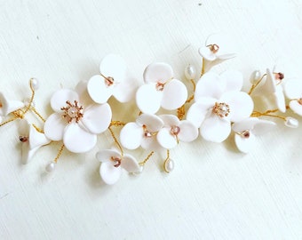 Bridal Porcelain clay hairvine. rose gold plated wire with freshwater pearls
