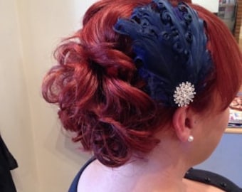 New handmade 1920s inspired navy blue feather fascinator