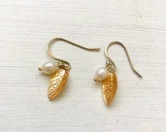 Gold leaf pearl earrings, bridal special occasion for brides and bridesmaids