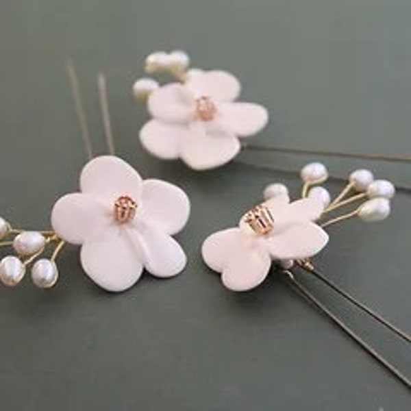 Flower Hairpin, handmade blush clay ivory hairpins for special occasions, bridal, bridesmaids, proms and parties