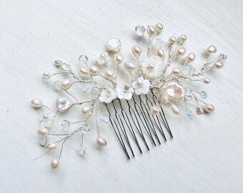 Bridal hair accessories, bridal comb, wedding hair bridal, mother of pearl, silver, handmade, organic, floral