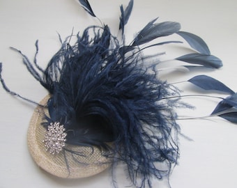 Fascinator/ Bridal hair accessories/ wedding hair accessories/ New handmade navy blue feather fascinator