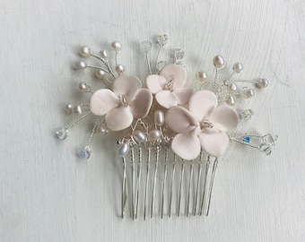 Handmade blush clay flower crystal pearl comb, for brides and bridesmaids