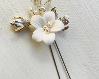 Bridal hairpin, handmade porcelain clay flower