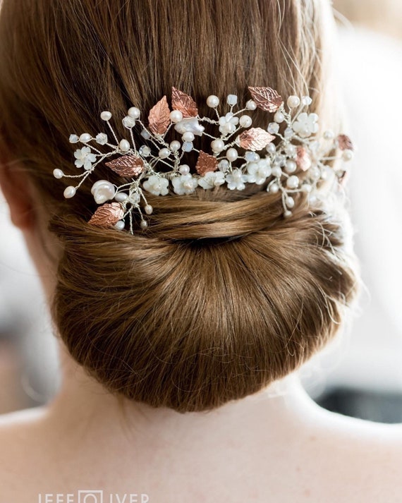 Handmade Bridal Hair Comb: Rose Gold Leaves, Pearls  display picture 1